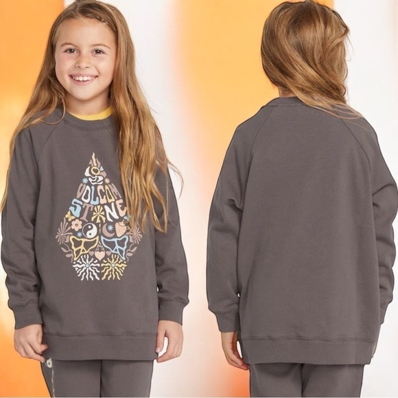 NEW Volcom Truly Stokin' Boyfriend Crew Sweatshirt Brown Yellow Girl's Size M - Picture 1 of 6